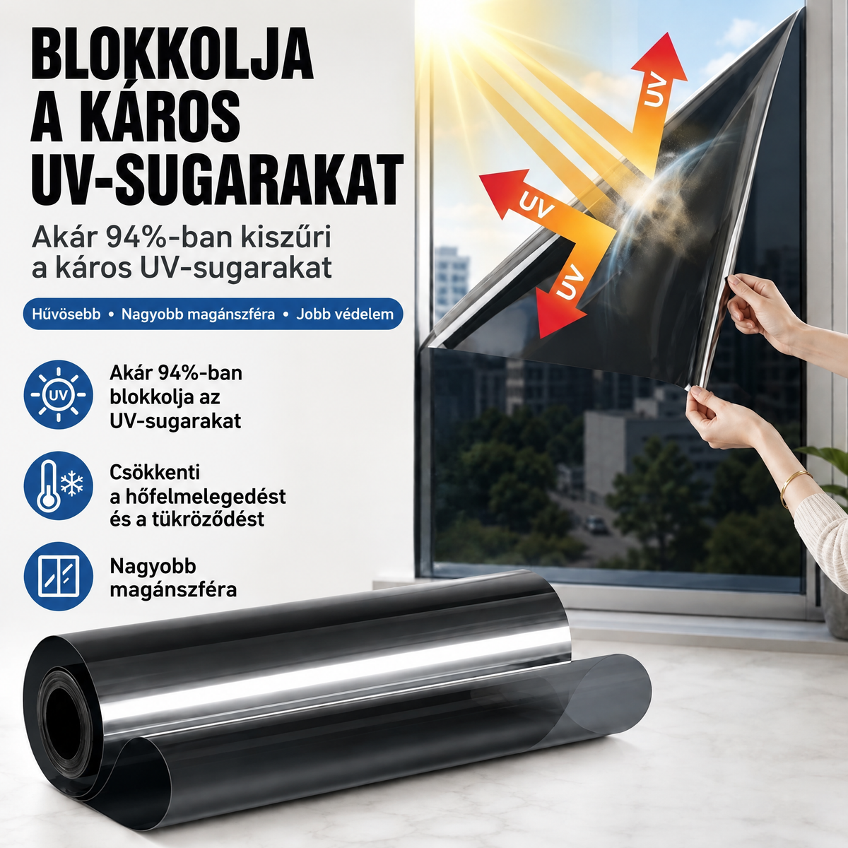 Fekete, egyirányú belátásgátló ablakfólia – hőszigetelés,🍇 94%-os UV-szűrés, nappali belátásvédelem otthonra és irodába