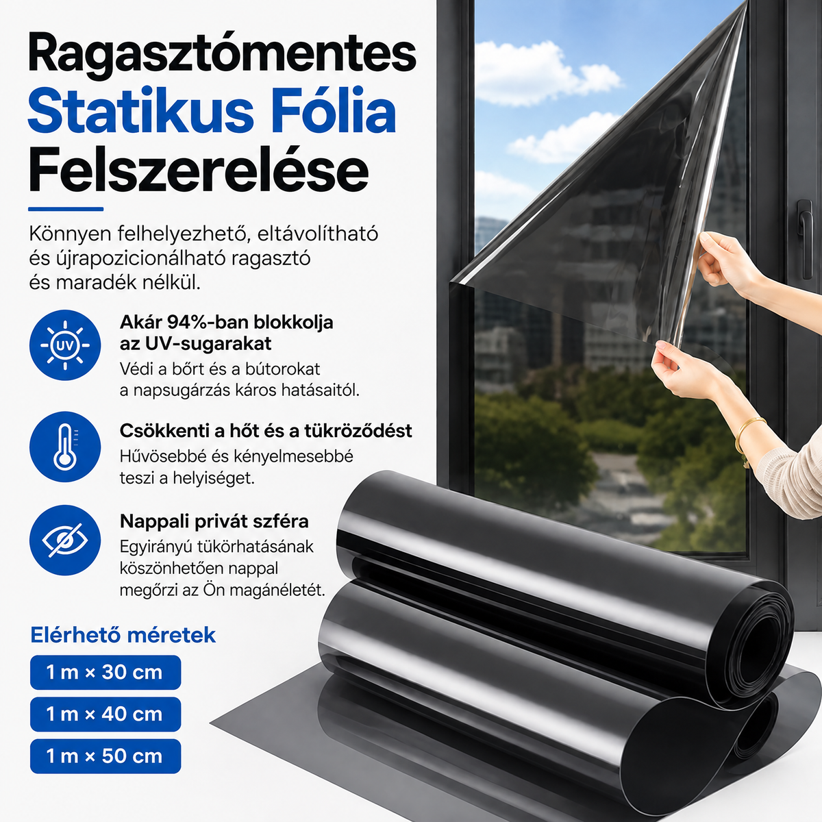 Fekete, egyirányú belátásgátló ablakfólia – hőszigetelés,🍇 94%-os UV-szűrés, nappali belátásvédelem otthonra és irodába