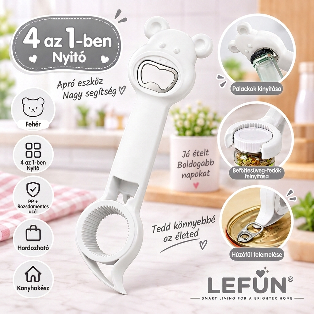 LEFUN® 🍈 4 az 1-ben nyitó – Nyisson ki bármilyen fedőt felesleges erőlködés nélkül.