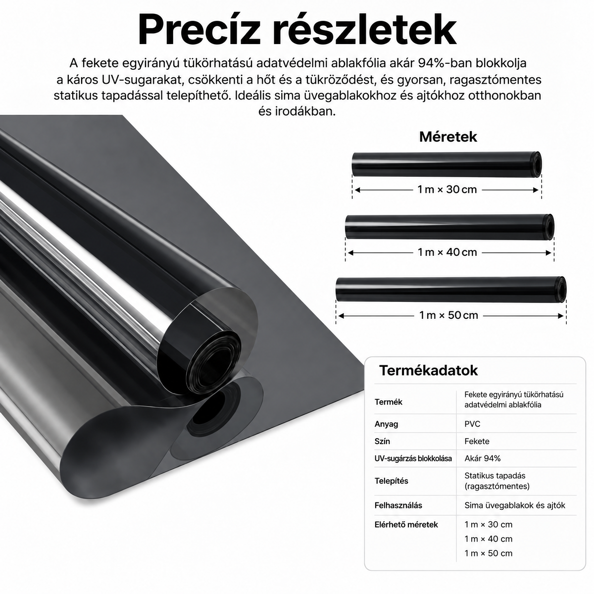 Fekete, egyirányú belátásgátló ablakfólia – hőszigetelés,🍇 94%-os UV-szűrés, nappali belátásvédelem otthonra és irodába