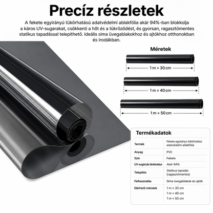 Fekete, egyirányú belátásgátló ablakfólia – hőszigetelés,🍇 94%-os UV-szűrés, nappali belátásvédelem otthonra és irodába