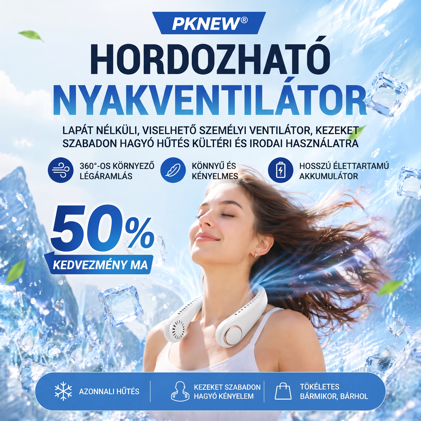 ❄️PKNEW® Személyes nyakventilátor, csendes 360°-os hűtés😄, lapát nélküli személyi ventilátor, hands-free hűtés kültéri és irodai használatra