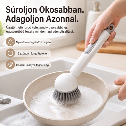 PKNEW® 🍇Intelligens konyhai kefe mosogatószer-adagolóval 🧽 – forgófej a fazekak, serpenyők és edények egykezes, egyszerű tisztításához 💧