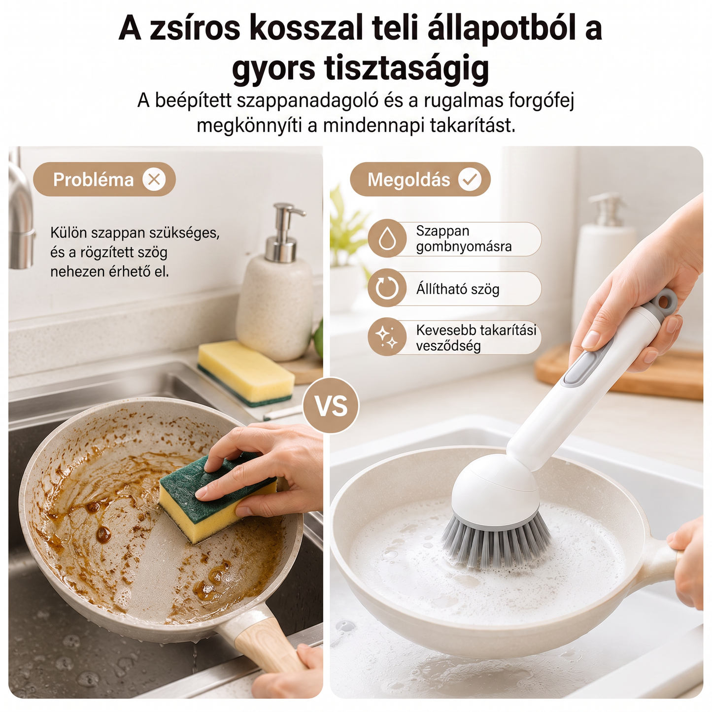PKNEW® 🍇Intelligens konyhai kefe mosogatószer-adagolóval 🧽 – forgófej a fazekak, serpenyők és edények egykezes, egyszerű tisztításához 💧