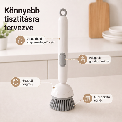 PKNEW® 🍇Intelligens konyhai kefe mosogatószer-adagolóval 🧽 – forgófej a fazekak, serpenyők és edények egykezes, egyszerű tisztításához 💧