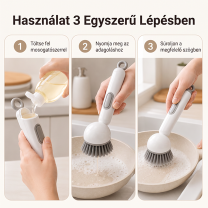 PKNEW® 🍇Intelligens konyhai kefe mosogatószer-adagolóval 🧽 – forgófej a fazekak, serpenyők és edények egykezes, egyszerű tisztításához 💧