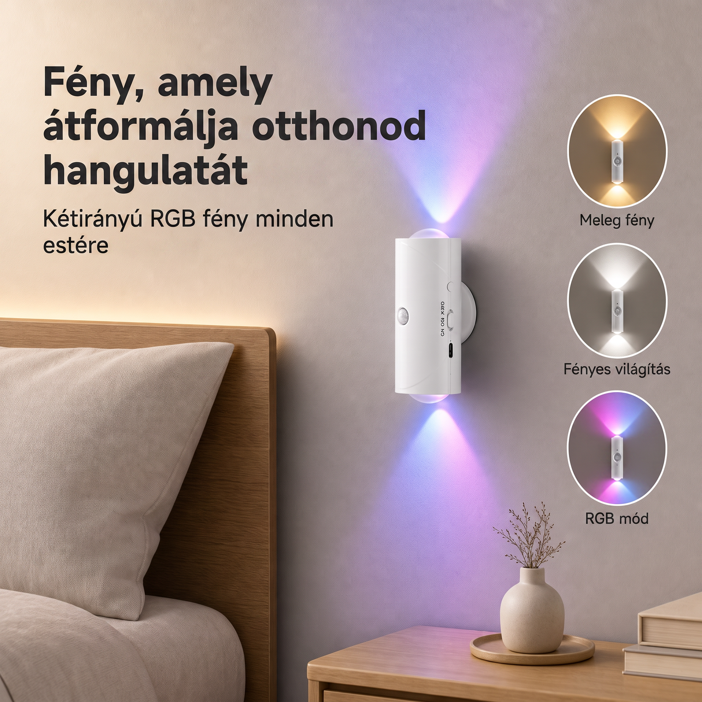 PKNEW® 🍇 Okos, kétirányú RGB éjszakai fény mozgásérzékelővel 🌈 - automatikus világítás, mágneses rögzítés fúrás nélkül és USB-C töltés hálószobába, előszobába és lépcsőházba ✨
