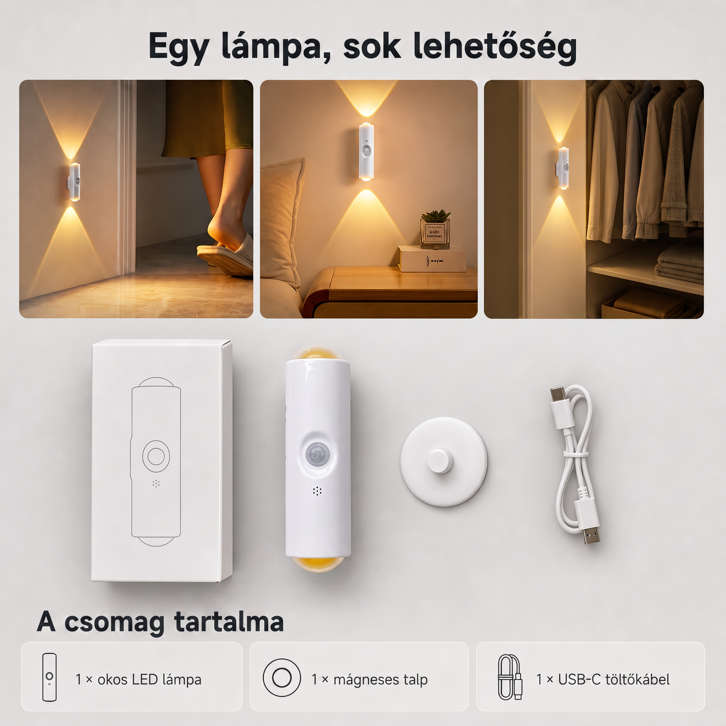 PKNEW® 🍇 Okos, kétirányú RGB éjszakai fény mozgásérzékelővel 🌈 - automatikus világítás, mágneses rögzítés fúrás nélkül és USB-C töltés hálószobába, előszobába és lépcsőházba ✨