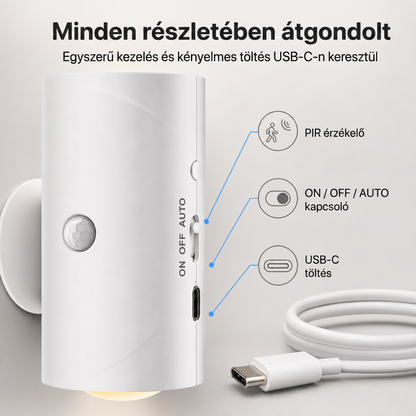PKNEW® 🍇 Okos, kétirányú RGB éjszakai fény mozgásérzékelővel 🌈 - automatikus világítás, mágneses rögzítés fúrás nélkül és USB-C töltés hálószobába, előszobába és lépcsőházba ✨