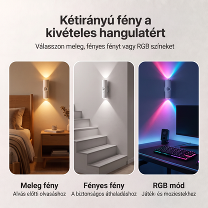 PKNEW® 🍇 Okos, kétirányú RGB éjszakai fény mozgásérzékelővel 🌈 - automatikus világítás, mágneses rögzítés fúrás nélkül és USB-C töltés hálószobába, előszobába és lépcsőházba ✨