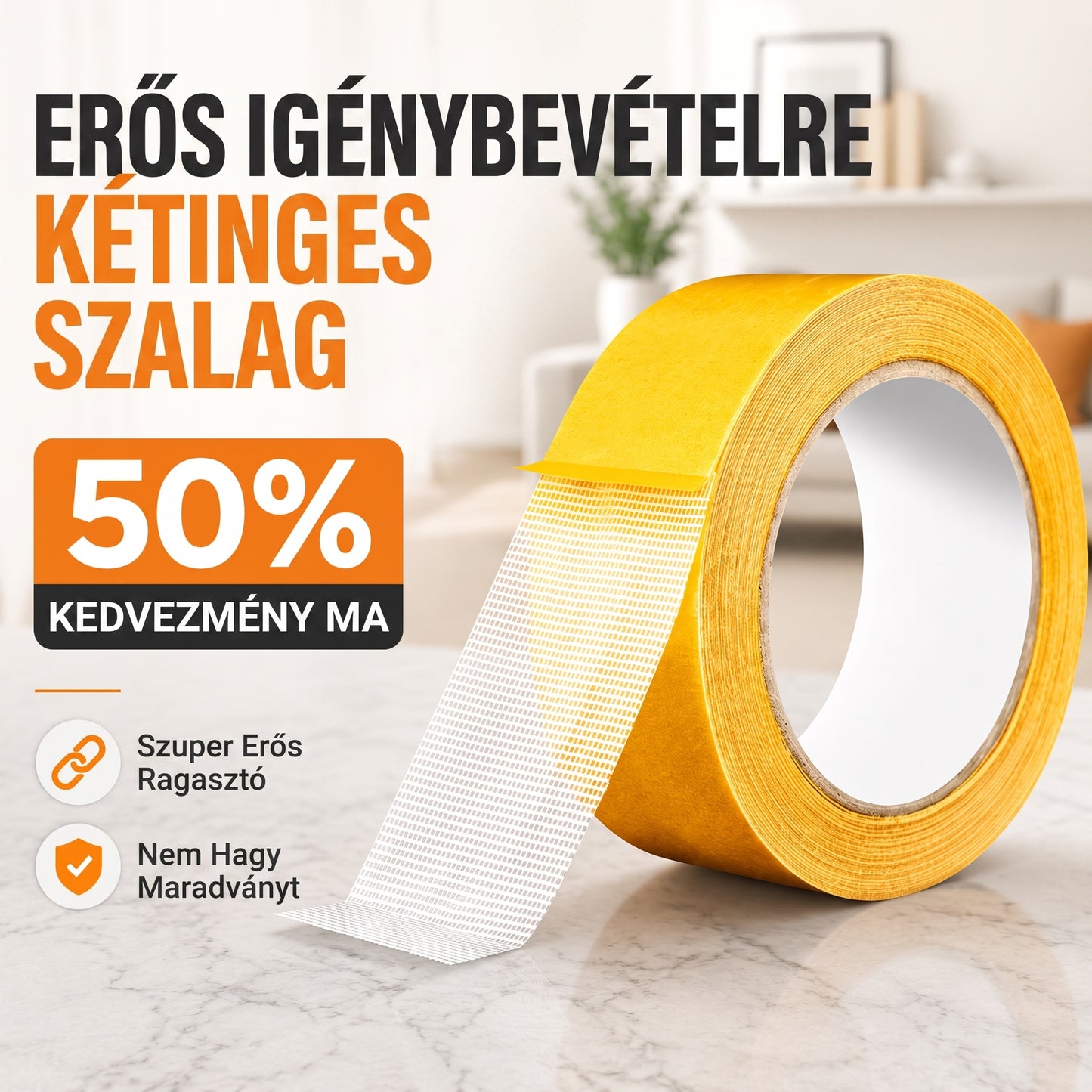 PKNEW® Nagy teherbírású kétoldalas ragasztószalag, erős tapadás, vízálló és eltávolítható, nyom nélkül, ideális szőnyeghez, tapétához, lufikhoz és otthoni használatra 🥹
