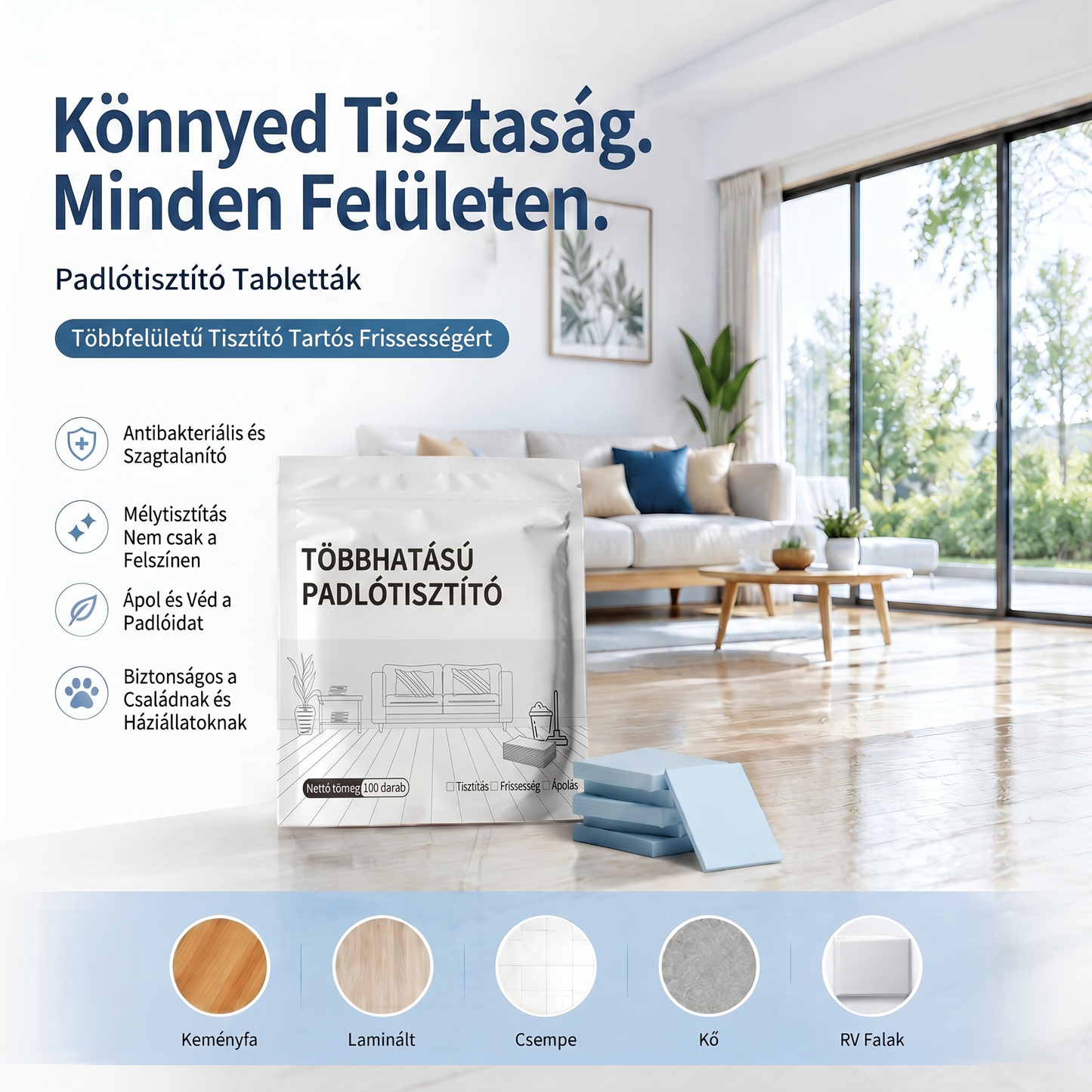 PKNEW®🌊 Oldódó tisztító tabletták 💧– Többfelületű tisztítószer keményfához, laminált padlóhoz, csempe- és lakóautó-falakhoz. Antibakteriális, szagtalanító és ápoló hatás 💕