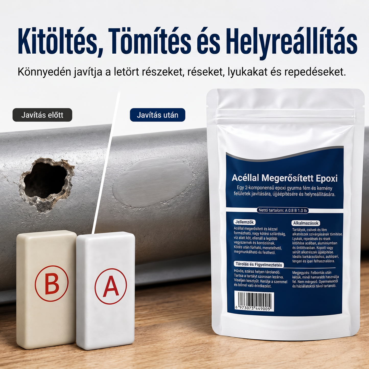 PKNEW® Acélerősítésű epoxi javítógyurma  — Univerzális ragasztó fémhez, fához és műanyaghoz❤️‍🔥