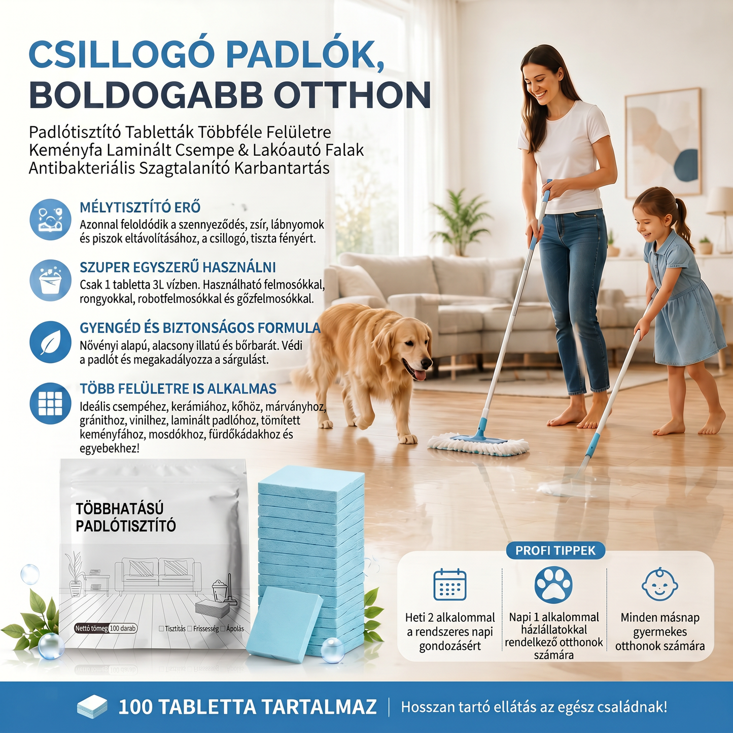 PKNEW®🌊 Oldódó tisztító tabletták 💧– Többfelületű tisztítószer keményfához, laminált padlóhoz, csempe- és lakóautó-falakhoz. Antibakteriális, szagtalanító és ápoló hatás 💕