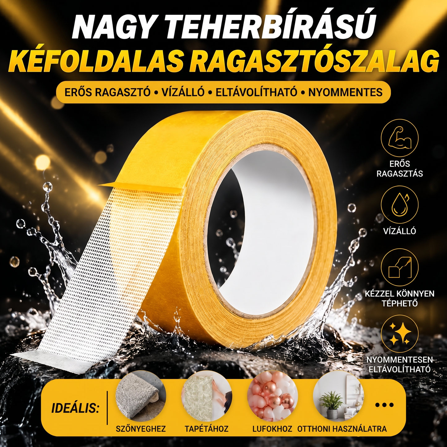 PKNEW® Nagy teherbírású kétoldalas ragasztószalag, erős tapadás, vízálló és eltávolítható, nyom nélkül, ideális szőnyeghez, tapétához, lufikhoz és otthoni használatra 🥹