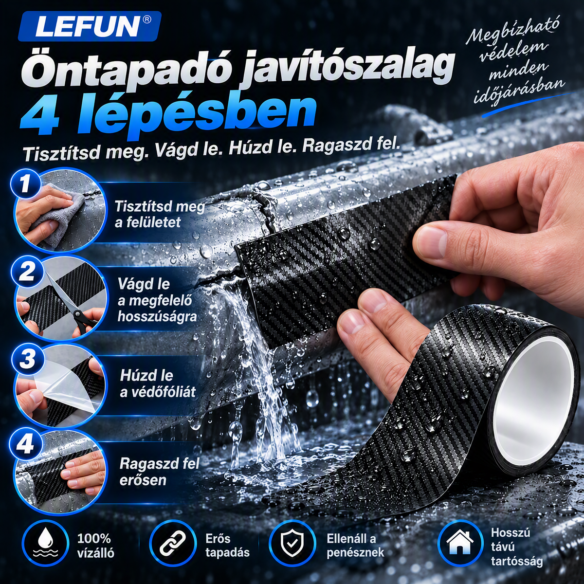 LEFUN® 💧 Extra erős, vízálló szalag 🍇– Karbon védőréteg + butil tömítés szivárgás és nedvesség ellen