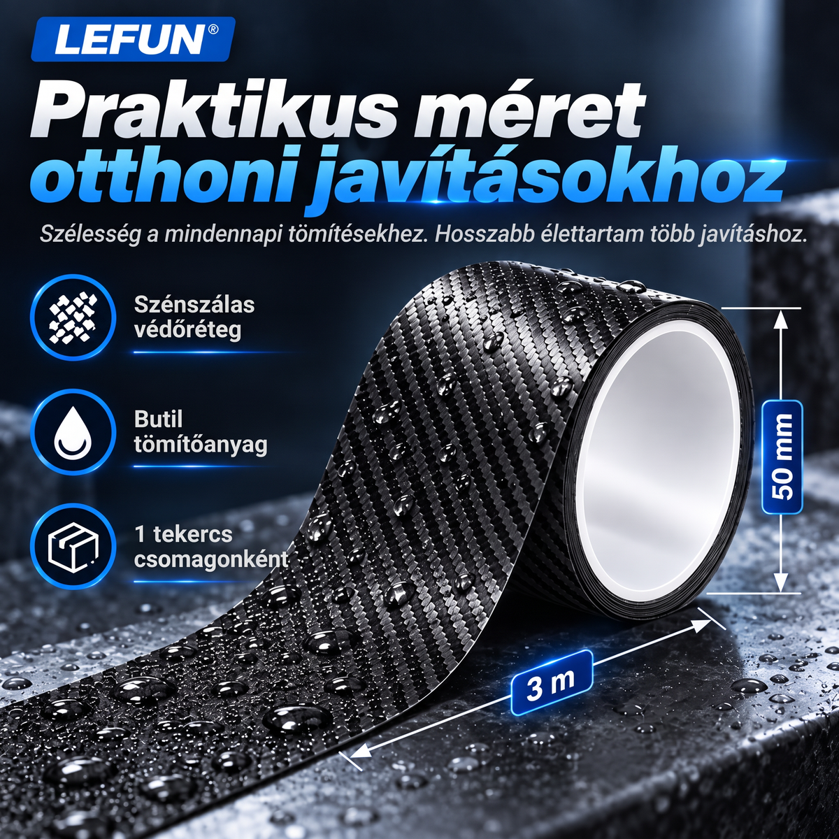 LEFUN® 💧 Extra erős, vízálló szalag 🍇– Karbon védőréteg + butil tömítés szivárgás és nedvesség ellen