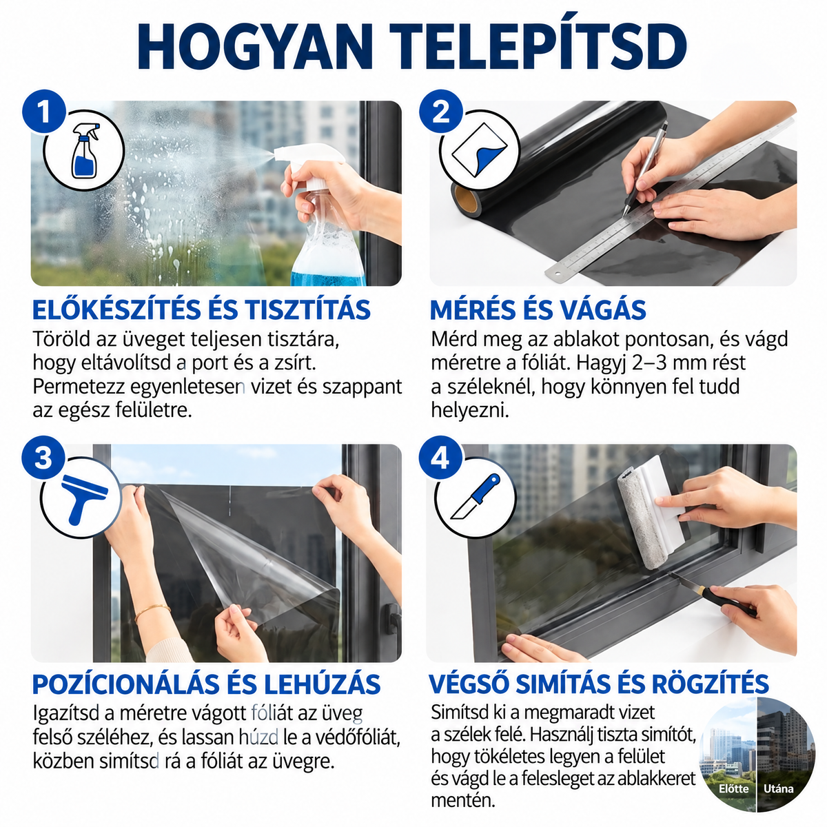 Fekete, egyirányú belátásgátló ablakfólia – hőszigetelés,🍇 94%-os UV-szűrés, nappali belátásvédelem otthonra és irodába
